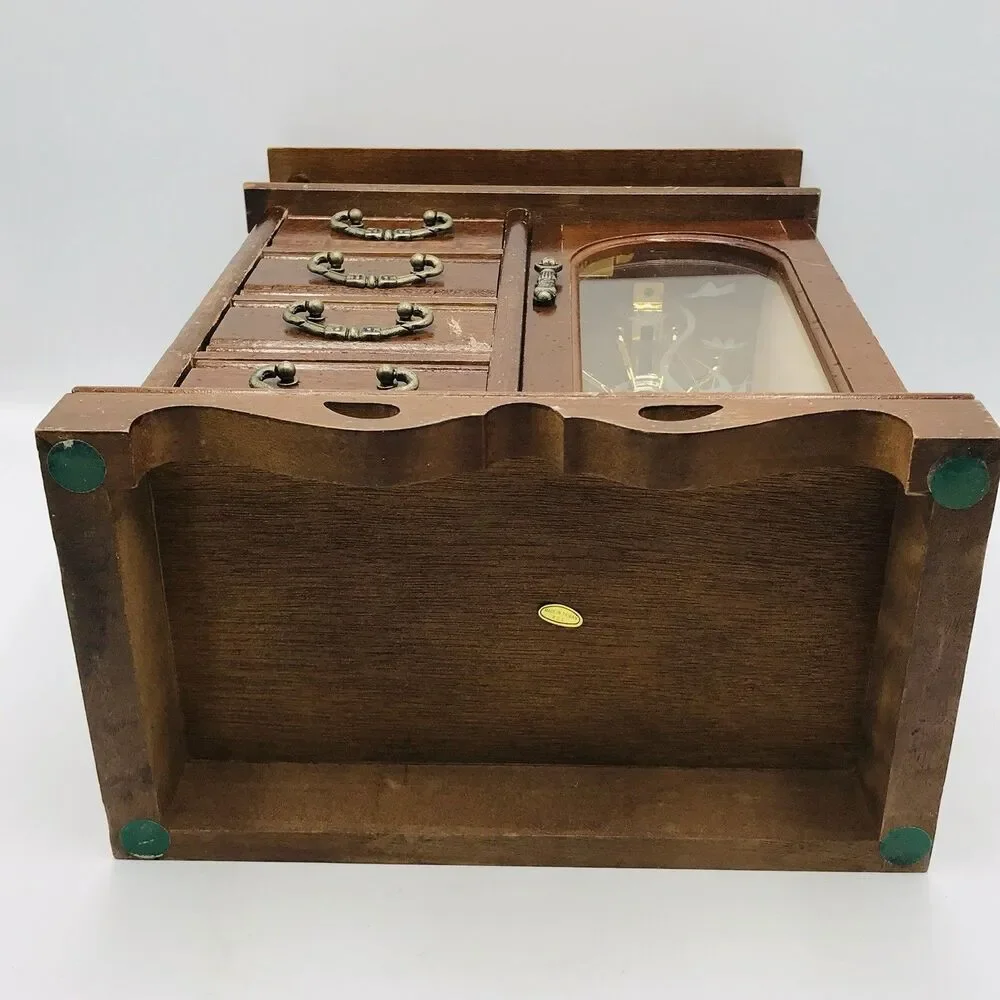 Vintage Wooden Jewelry Box Armoire Etched Glass, Wheel, 4 Drawers, 12.5x10x5 In